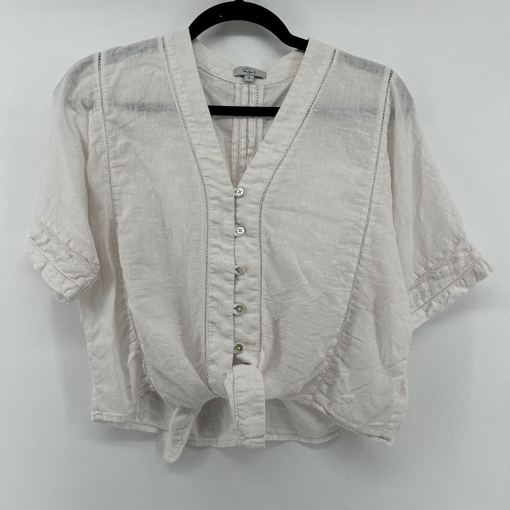 Rails Thea White Lace Detail Linen Blend Tie Front Top 200-632-1257 Small